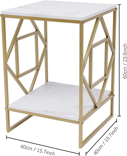 Miniatura 2 de Mesa auxiliar auxiliar cuadrada de mármol con metal e 2 niveles, mesa auxiliar blanca moderna de 16 pulgadas, bandeja de café para sala de estar,
