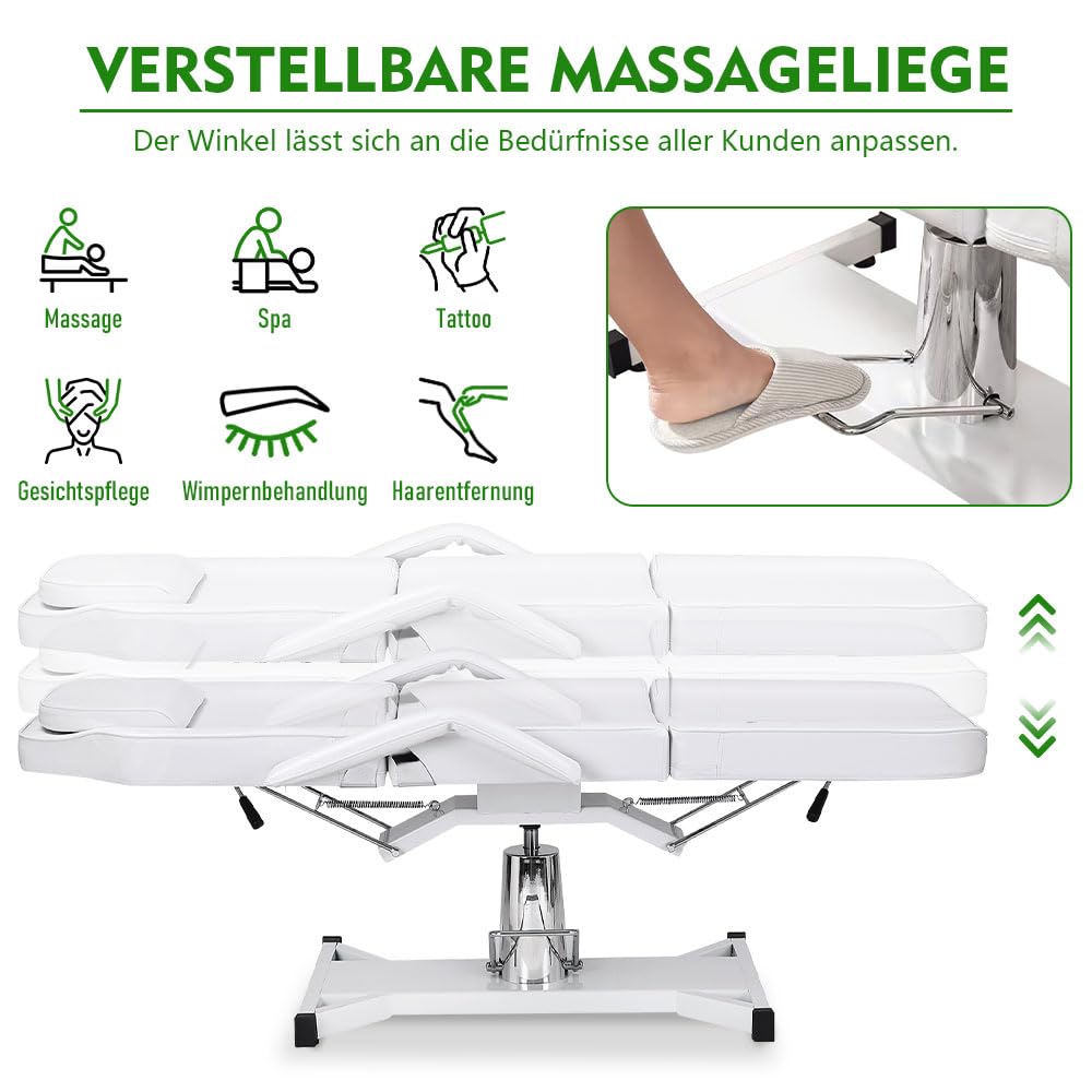 Massageliege Kosmetikliege Klappbar Höhenverstellbar 3 Zone,Tattoo Liege Friseurstuhl für Friseur Spa Schönheitssalon Ausrüstung (Weiß,182cmX82cmX64cm)