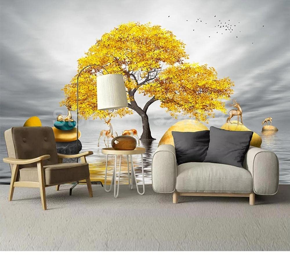 Papier peint mural 3D pour agrandir un salon sombre - Fresque arbre d'or 350x245