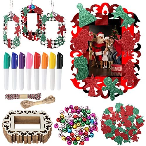Youyole 144 Pcs Christmas Picture Frame Ornament 24 Pcs Unfinished Wooden Photo Cutouts with Bells EVA Wood Slices Colored Markers for Christmas DIY Craft Decoration(Classic Styles)