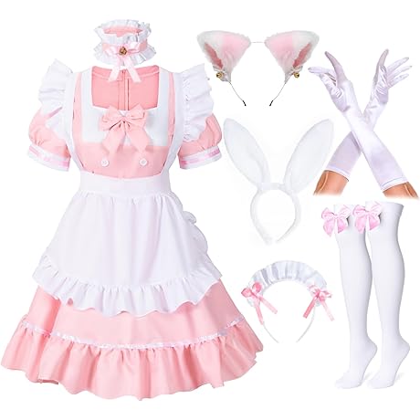Anime French Girls Pink Bunny Maid Sweet Kawaii Costume Cosplay Dress Furry...