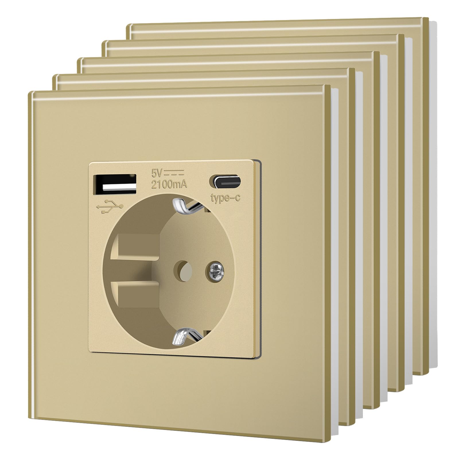 BSEED Steckdose mit USB C aus Glas, Unterputz Wandsteckdose, 16Amp EU Standard Stekckdosen, Einfach Montage 1 Fach 86mm Gold 5 Pack
