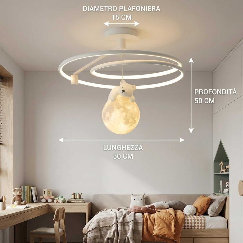 MAKA Lampadario LED Cameretta Bambini 60W Dimmerabile con Telecomando, Orsacchiotto sulla Luna, Luce Calda Naturale Fredda 3000K–4200K–6400K, Bianco, Plafoniera 15 cm, Ø 50 cm (60 Watt)