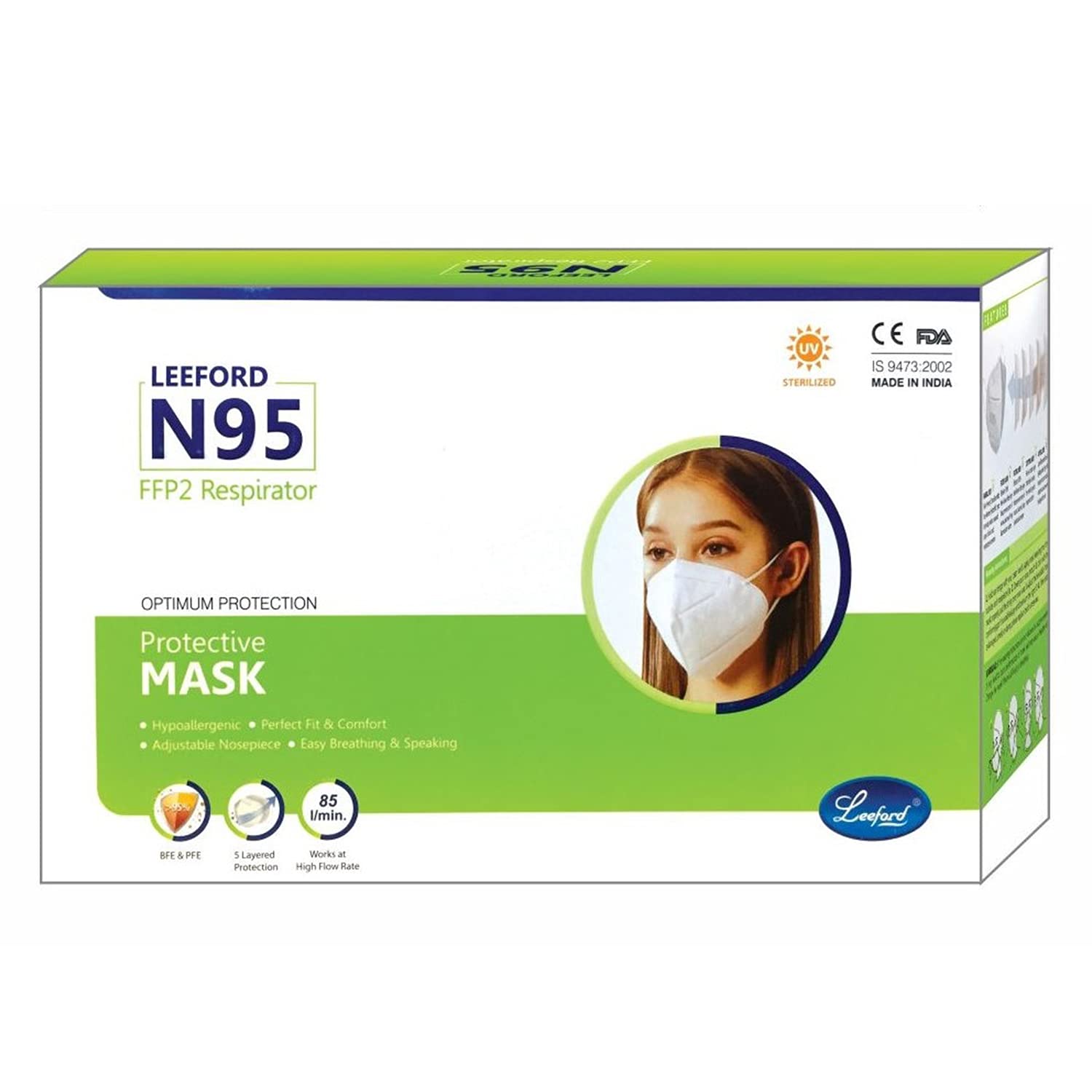 LEEFORD N95 Face Mask, Pack of 30 Mask - with 5 Layered || UV Sterilized || Non-Woven Fabric without Valve || Reusable FFP2 Respirator Face Mask with Ear Loop for Optimum Protection and Safety