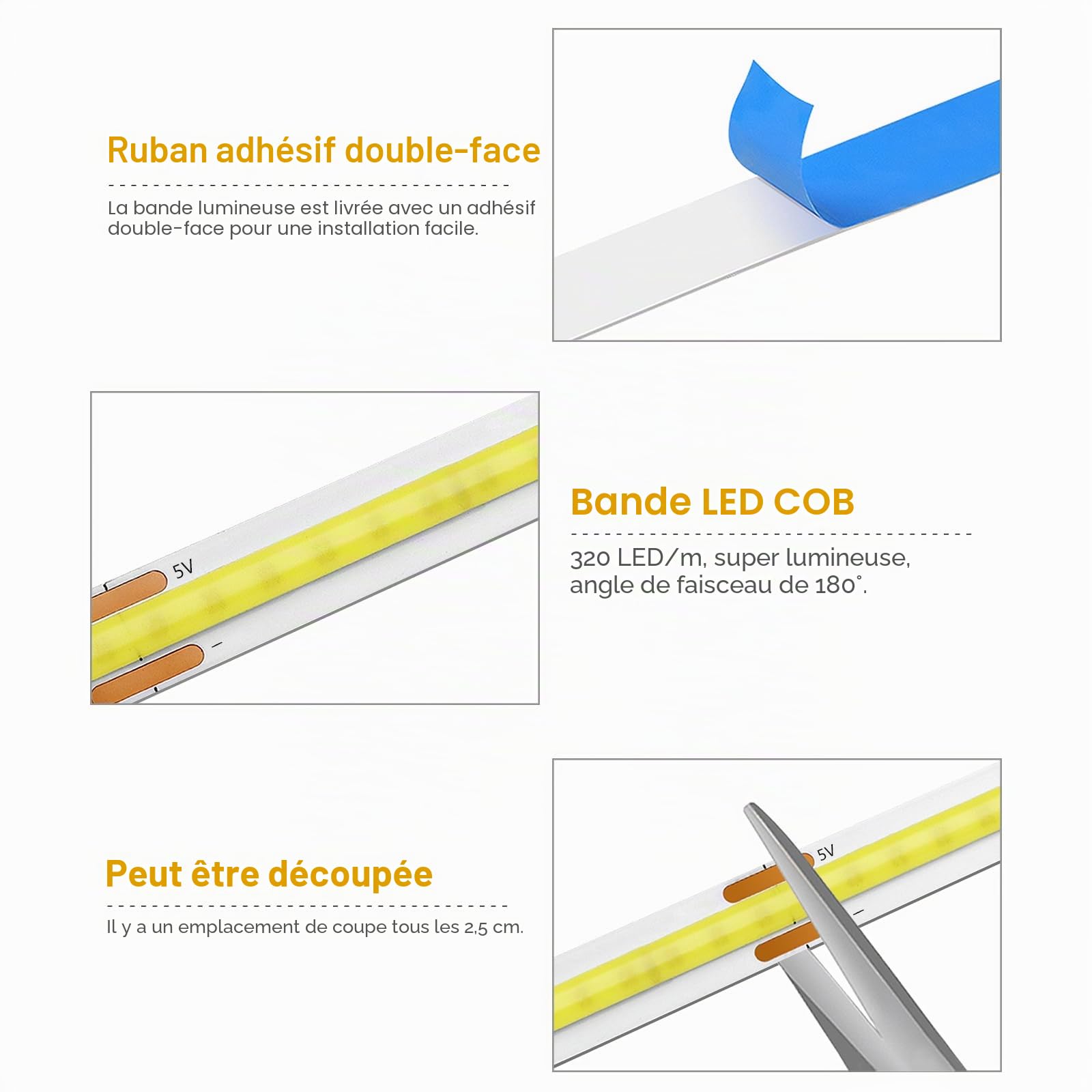 LRGBST 6 PCs 3M White COB LED Strip, 5V USB Dimmable COB LED Strip avec Touch Dimmer Switch pour les vitrines des panneaux acoustiques sous l'éclairage du cabinet