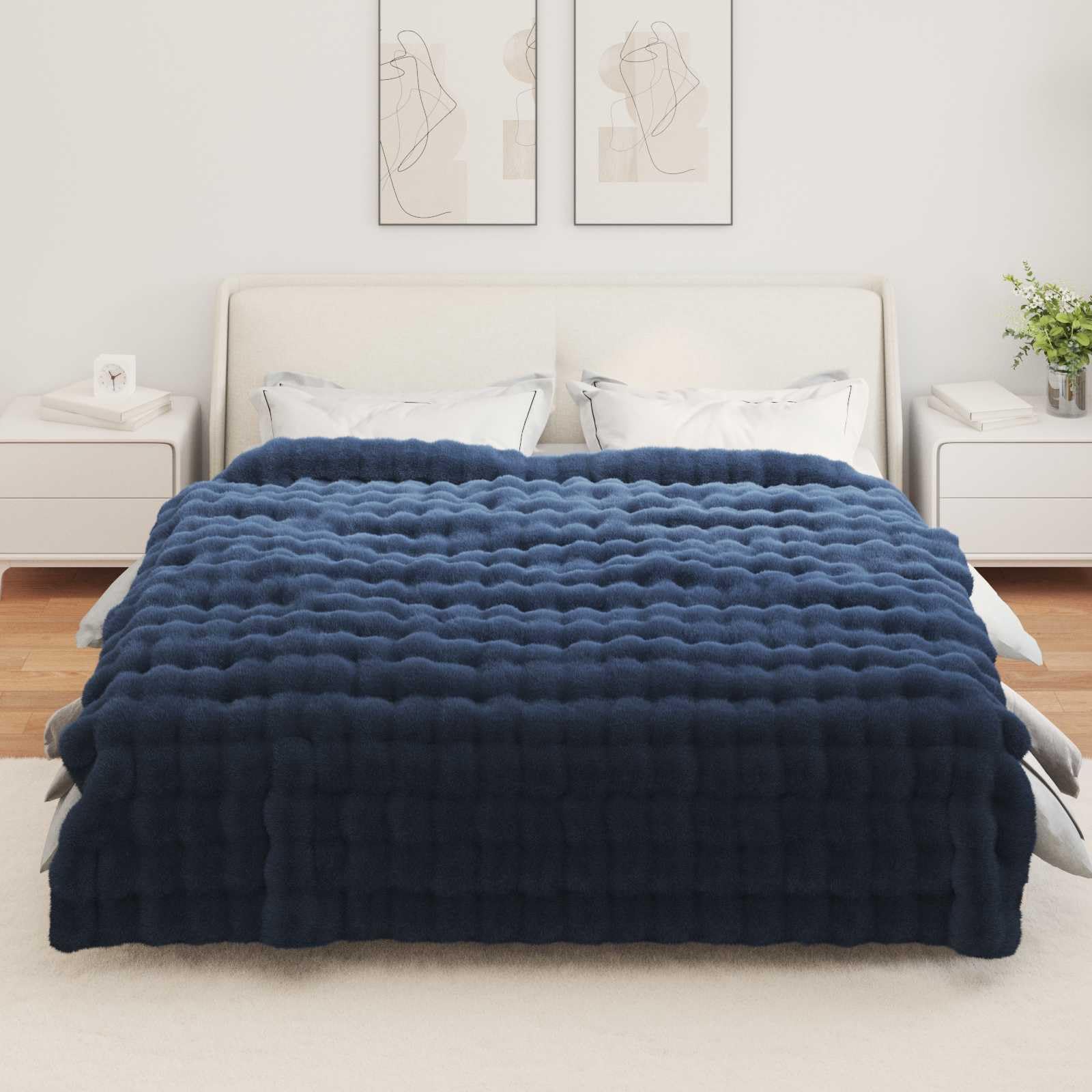 Kunstfell Kaninchenfell Decke 4 Stück Marineblau 220 x 240 cm Plüschige Blasentextur Extra Weich Winterdecke Luxus Wärme Sofadecke Schlafzimmerdecke