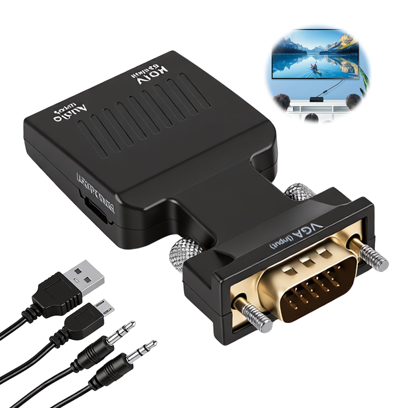 Adaptateur VGA vers HDMI avec Audio, 1080P Convertisseur VGA Mâle vers HDMI Femelle avec Jack 3.5 mm et Câble d'Alimentation USB, Unidirectionnel pour PC, Ordinateur Portable, TV, Moniteur, Projecteur