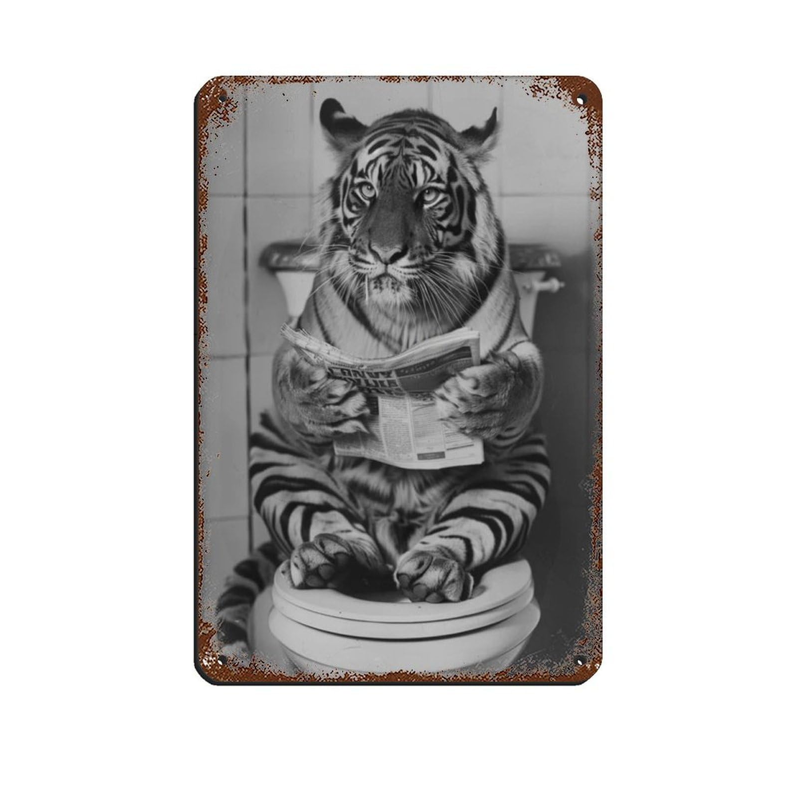 Tiger Sitting on The Toilet Reading A Newspaper (2) Tin Sign Vintage Metal Pub Club Cafe Bar Home Wall Art Decoration Poster Retro 8x12inch(20x30cm)