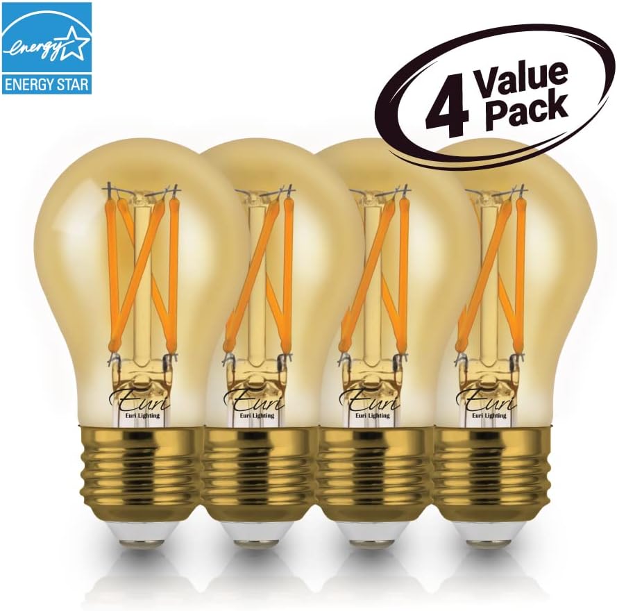 Euri Lighting VA15-3020ea-4 Dimmable LED A15, 4.5W (25W Equiv.) 360lm, 80 CRI, Amber Glass, Warm White (2200K), 320° Beam Angle, E26, Wet Rated, UL, E-Star 3YR 15K HR WTY, 4-Pack