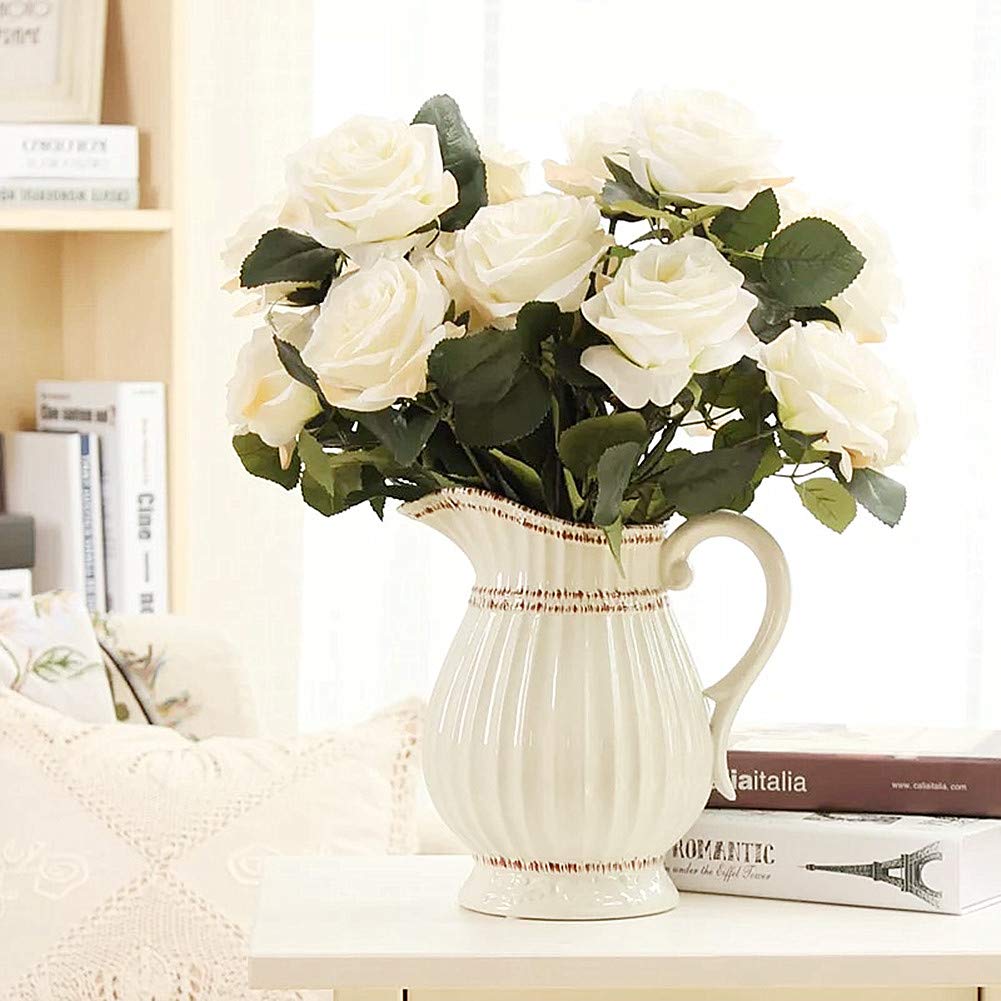 Jasion Artificial Roses 10 Heads 2.8" Flowers Arrangement Silk Bouquet for Home Office Parties Bridal Wedding Decoration (White)