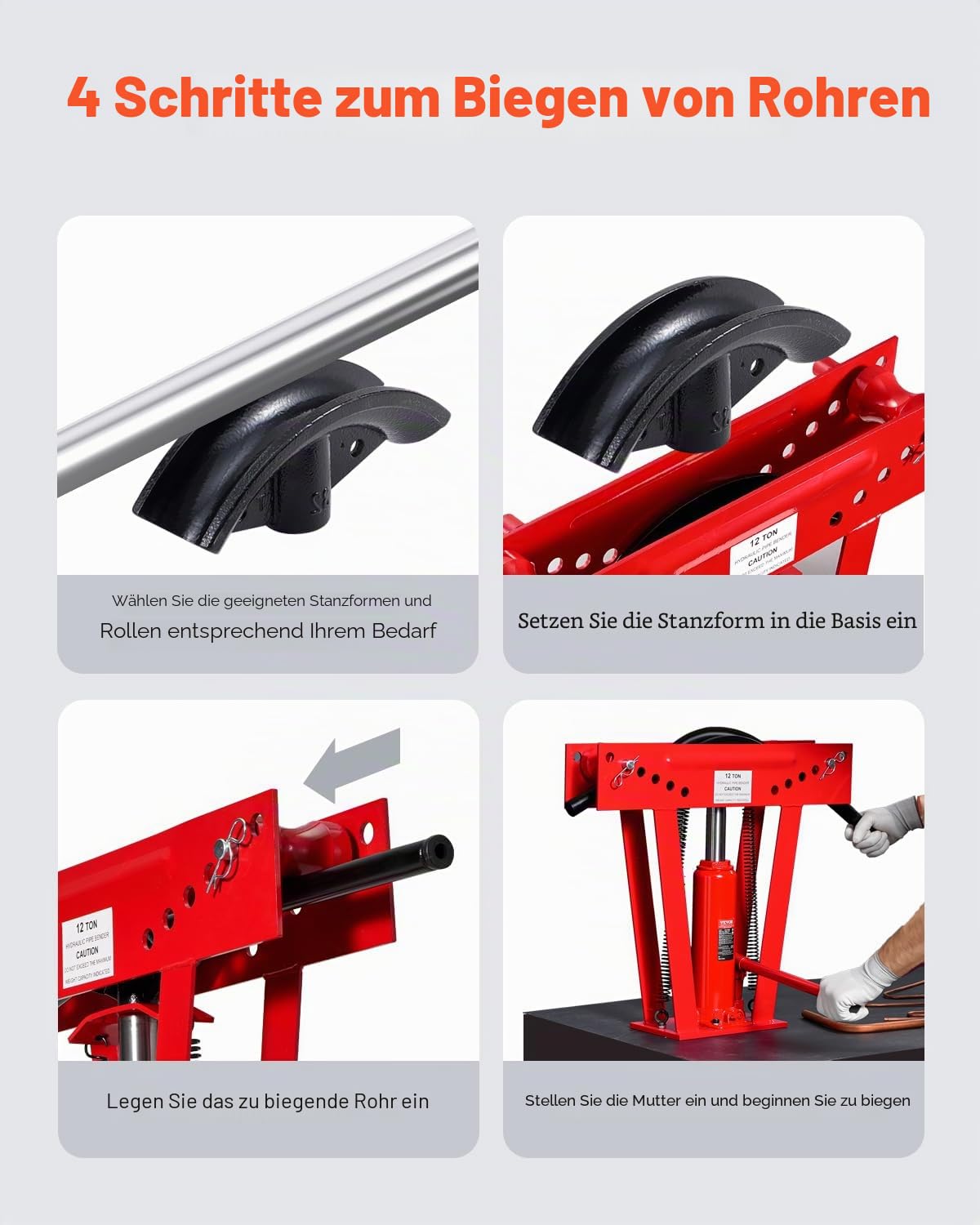 VEVOR Rohrbiegemaschine hydraulisch, 12 Tonnen Rohrbieger mit 6 Matrizen (1/2, 3/4, 1, 1-1/4, 1-1/2, 2 Zoll), 90-180° Rohrbiegegerät mit verstellbaren Rollen zum Biegen verschiedener Metallarten