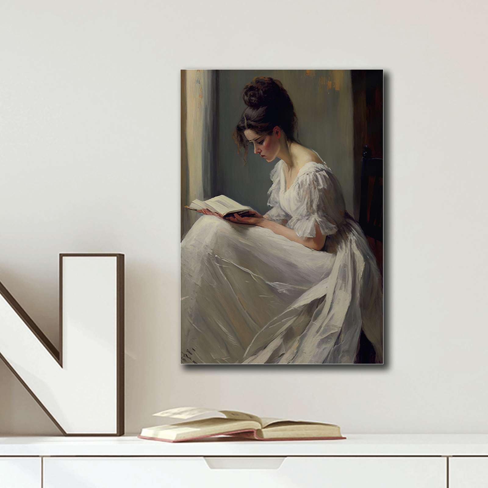 Tableau Toile – Femme Lisant Peinture Victorienne – Encadré Prêt à Poser