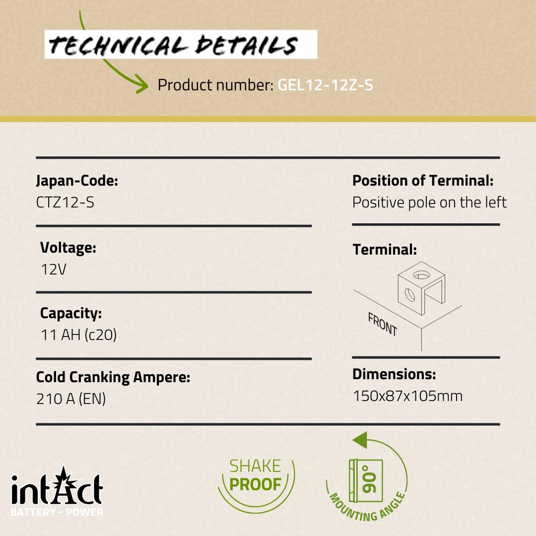 intAct - Bike-Power GEL12-12Z-S, CTZ12-S, batería de moto 12V 11Ah, 210 A (EN), batería de moto de gel sin mantenimiento, para scooters, motos, quads, tractores de césped