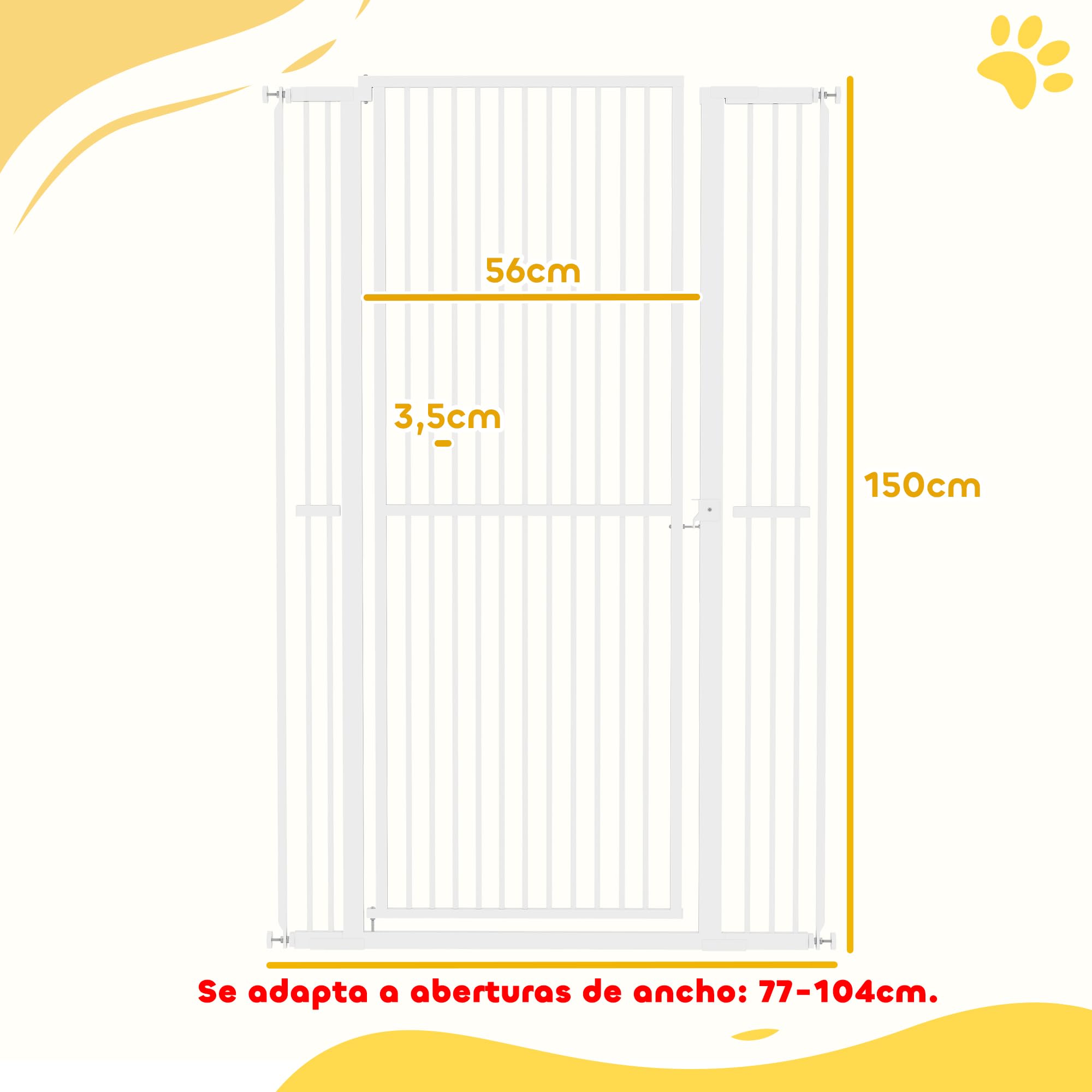 PawHut Barrera de Seguridad para Perros y Gatos Extra Alta 150 cm, Barrera para Perros Extensible 77-104 cm para Puertas y Escaleras, con Montaje a Presión, 2 Extensiones y Puerta de Paso, Blanco