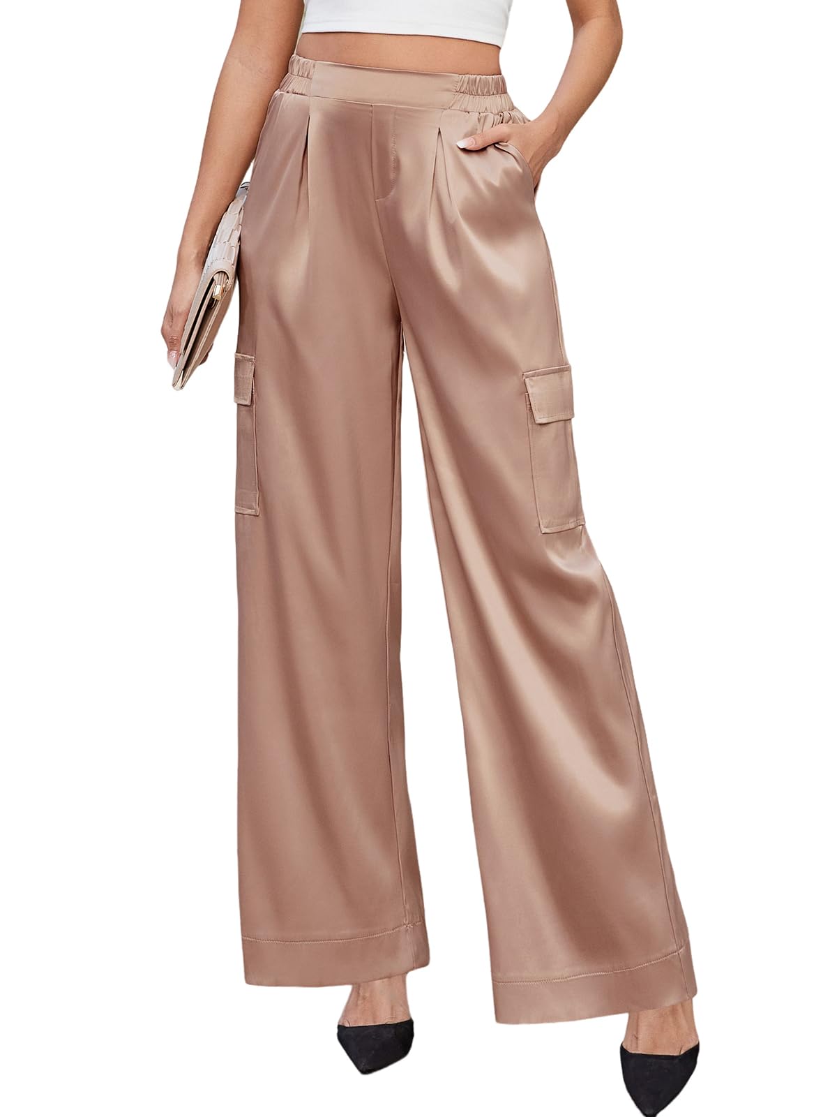 ZAFUL Womens Satin Pants Wide Leg High Waisted Cargo Pants Silky Dressy Casual Slack Trousers