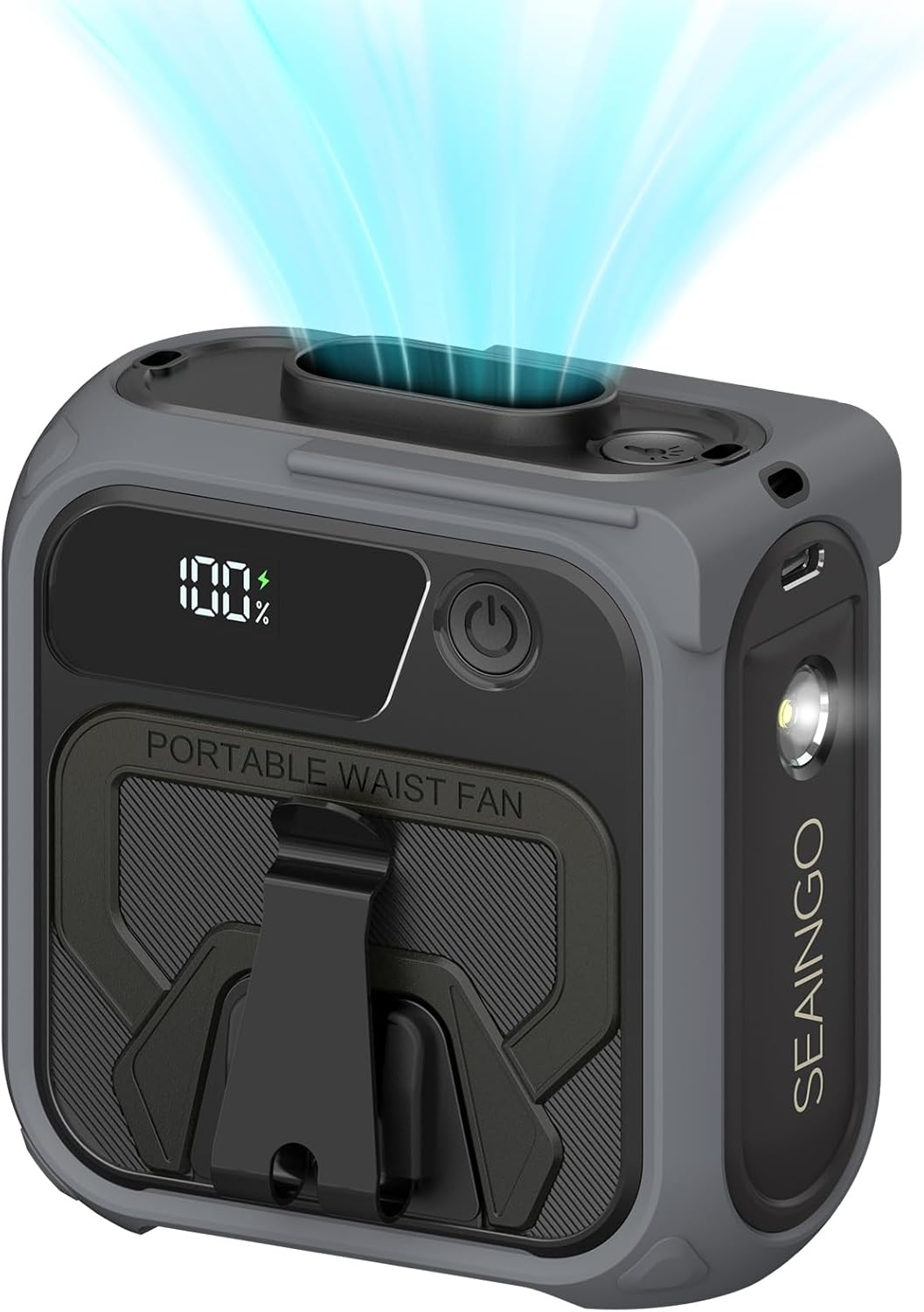 SEAINGO Portable Waist Fan Rechargeable – 10000mAh, 42 ft/s Max, 5 Speeds 16000RPM, Personal Cooling Wearable Clip Body Belt Shirt Fans, Hanging Neck Fan with Light for Camping Travel Outdoor Indoor