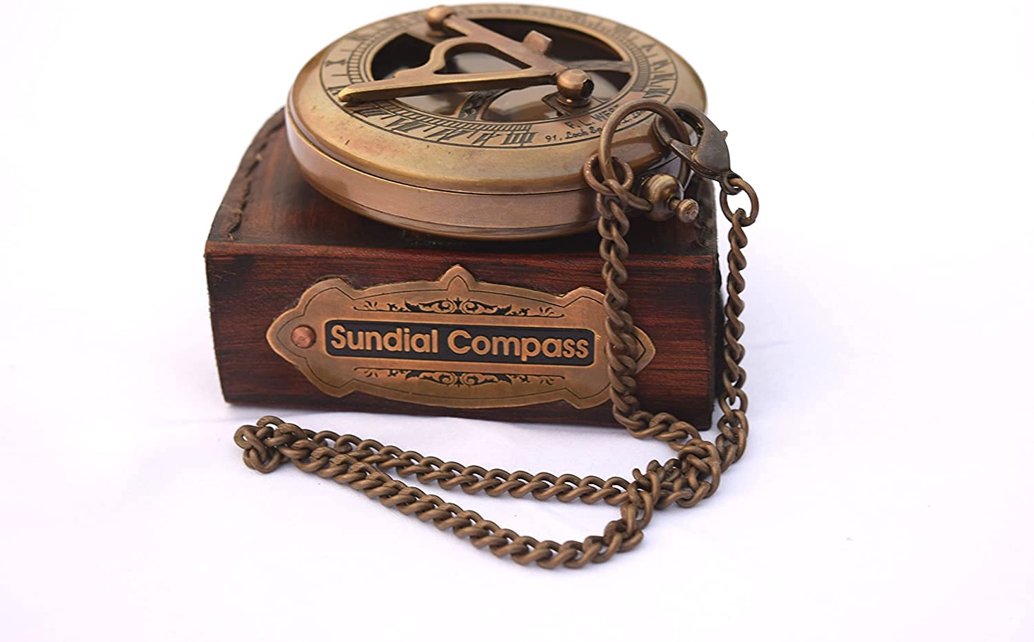 Bussola Con Meridiana In Ottone E Pelle – Strumento Steampunk Vintage, Funzionante, Con Custodia E Catena - 2