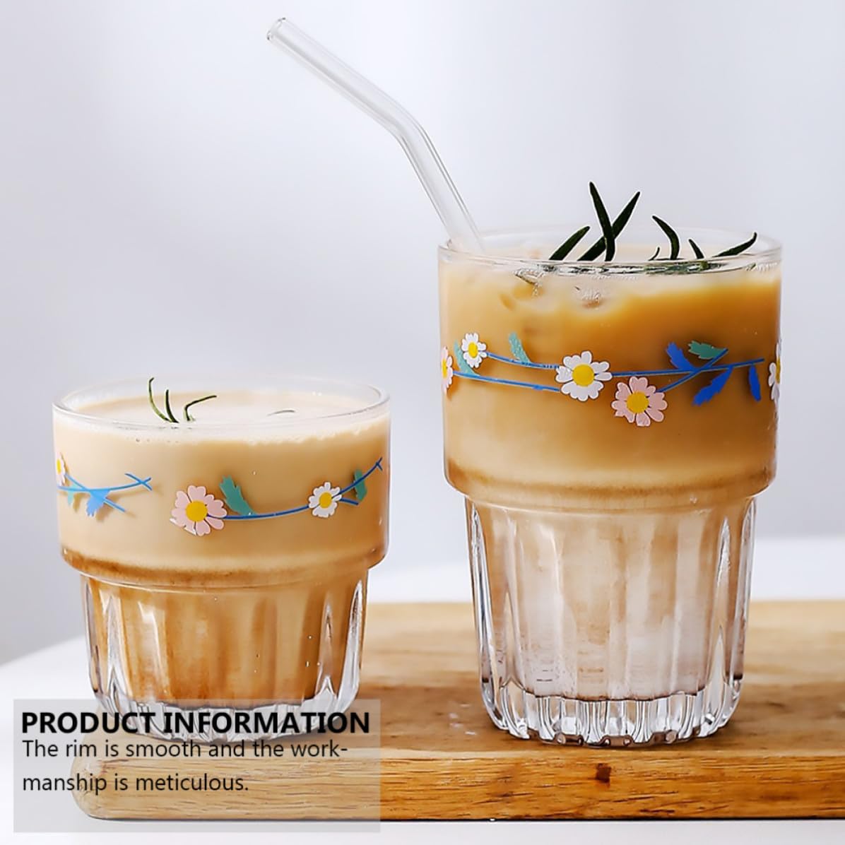 Vaso de Cristal Estilo Pastoral Margaritas, 4 Piezas Blanco | Borde Liso, Trabajo Meticuloso, Uso Múltiple, Escena para Cafetería y Restaurante, Forma Redonda