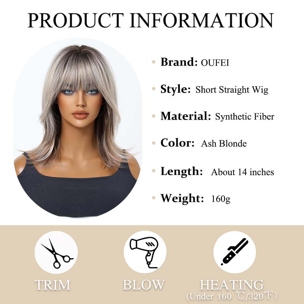 Perruques Blond Cendré pour Femmes Perruques Courtes Dégradées Et Lisses avec Frange Perruques En Cheveux Synthétiques pour Un Usage Quotidien Les Fêtes Ou Le Cosplay