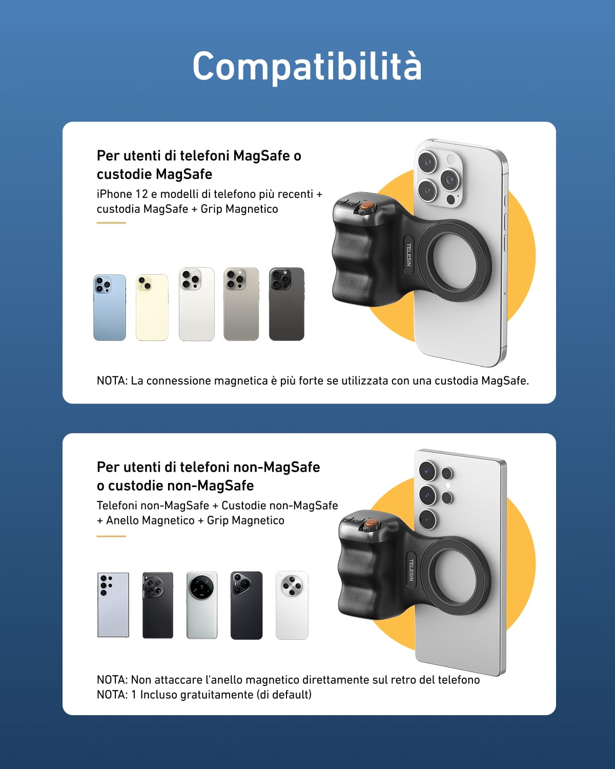 TELESIN Fun Shot Impugnatura Smartphone, Magnetica Impugnatura per Smartphone con Telecomando Bluetooth Staccabile, Filettatura da 1/4, Compatibile con iPhone & Android, Selfie Vlog (Nero)