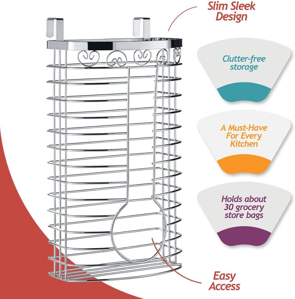 Sagler Grocery Bag Holder - Chrome Plastic Bag Holder - Easy-Access Openings Multi Position use Either Over The Cabinet Kitchen Storage Holder or Wall Mount