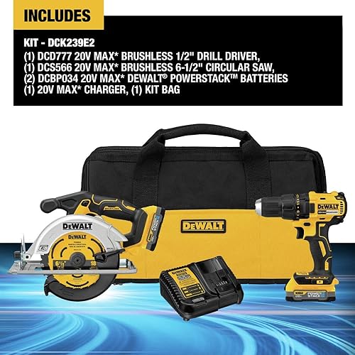 Miniatura 2 de DEWALT Kit combinado de sierra circular inalámbrica y taladro sin escobillas de 20V MAX* con baterías compactas DEWALT POWERSTACK (DCK239E2)