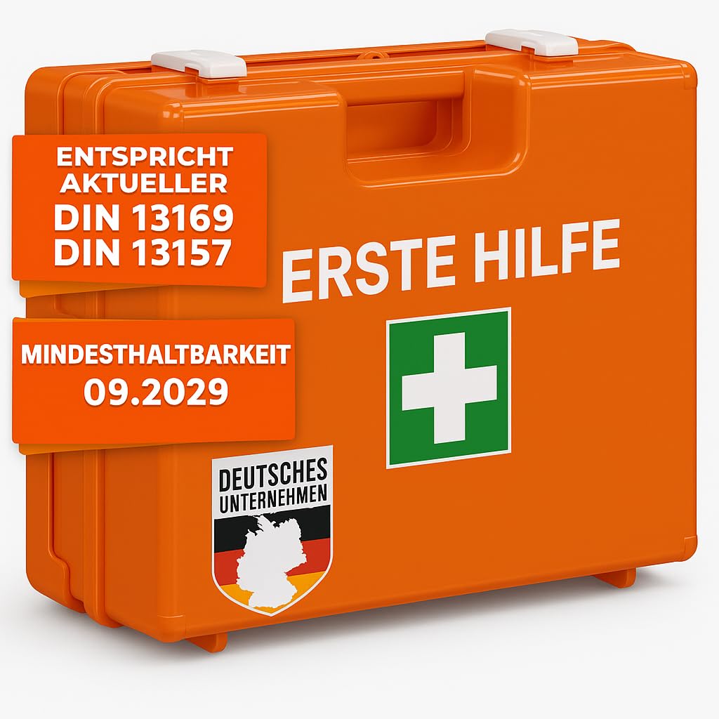 Floordirekt EHBO-koffer voor bedrijven DIN 13157:2021 gevuld incl. wandhouder | 1 set eerste hulp verbanddoos voor huis, kantoren en horeca, noodkit tot 50 medewerkers (28 x 20 x 11,5 cm