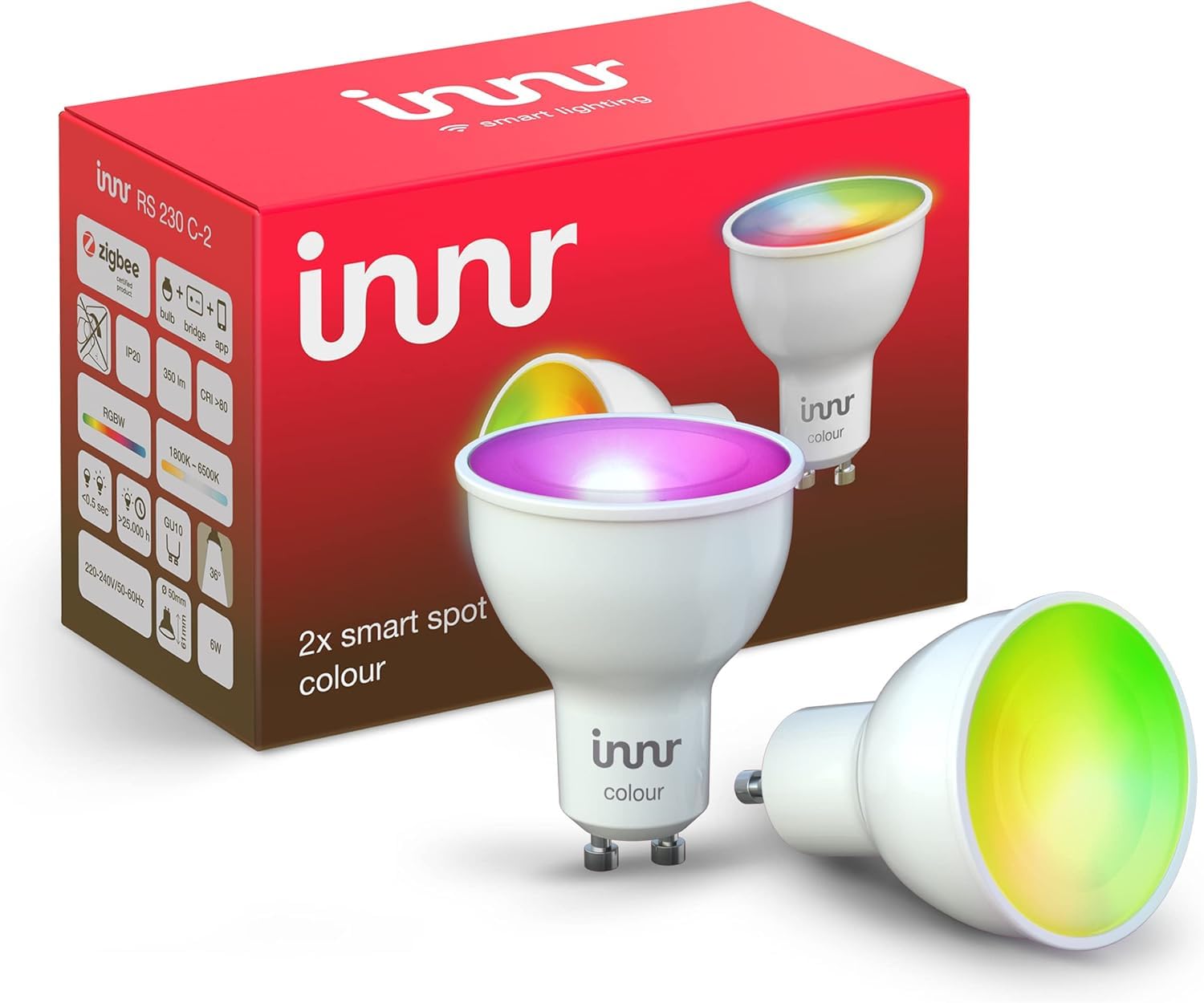 Innr Innr Zigbee GU10 Smart Bulb, Works with Hue*, Amazon Echo 4th Gen., Alexa (Bridge Required), White and Colour, LED Light Bulbs, Dimmable, 380 Lumen, 2-Pack