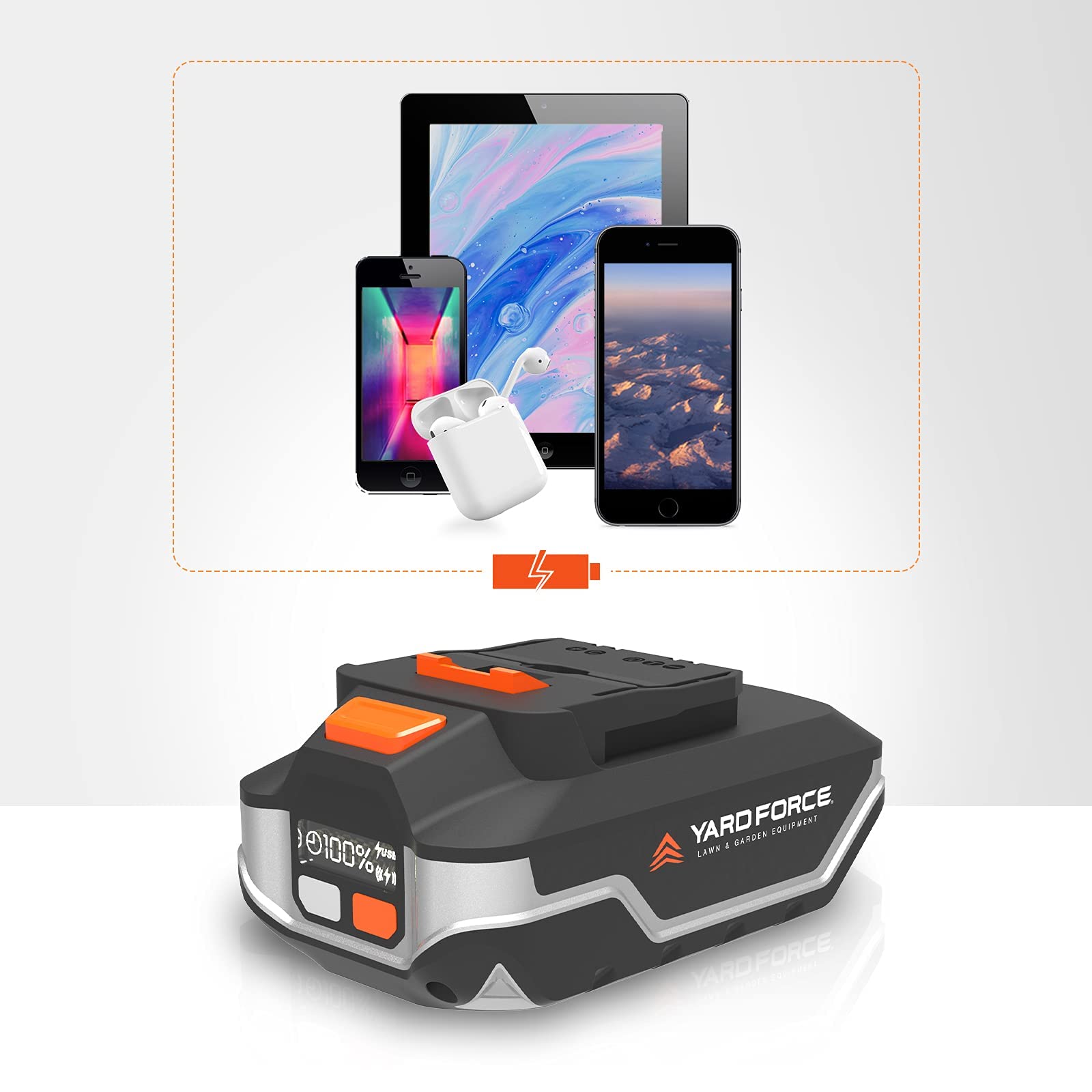 YARD FORCE AL C20E - Batteria agli ioni di litio con capacità di ricarica wireless per tutti i prodotti YARD FORCE 20V (famiglia CR20), compatibile con dispositivi che supportano la ricarica wireless