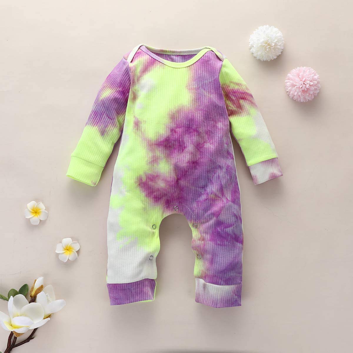 Newborn Baby Boy Girl Tie Dye Jumpsuit Long Sleeve Ribbed Romper Bodysuit One Piece Fall Clothes Outfit Pajamas Set (Purple,0-6 Months)
