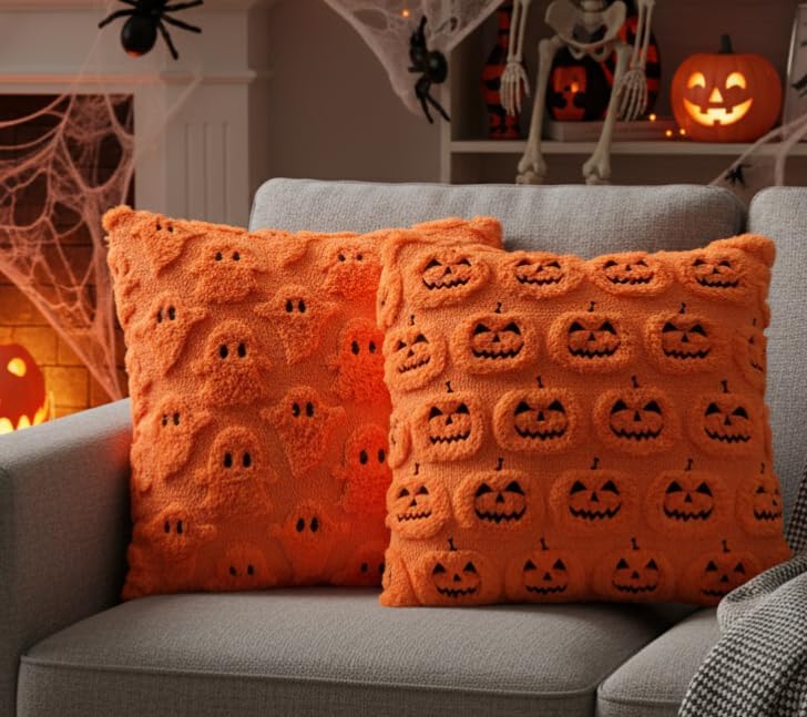 2 Pack Halloween Pillow Covers 18X18 Inch, Pumpkin Pillow Cover, Soft Plush Faux Wool Decorative Fall Throw Pillowcase for Couch Sofa Home Decor, Orange and Black