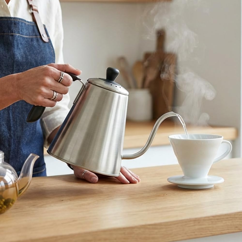 MAXWIN Bollitore a Collo d'oca in Acciaio Inossidabile per Caffè e Tè,Bollitore di Classe per Caffè con Beccuccio Lungo 1L - Acciaio Inossidabile di Qualità(AS-97E)