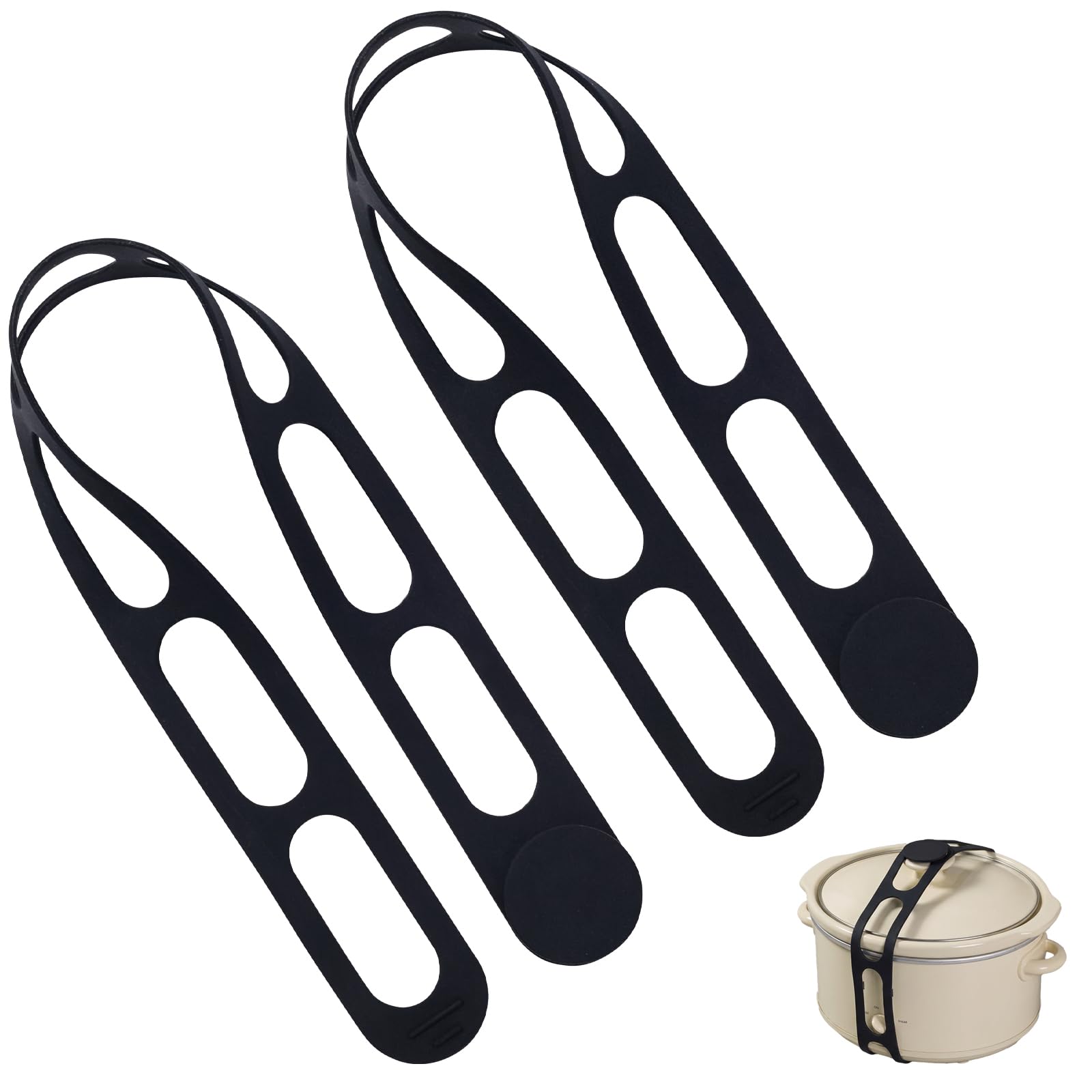 Silicone Latch Strap for Slow Cooker Lid, Pot & Food Storage - 2-Pack Black, Reusable Universal Lid Lock & Adjustable Silicone Straps for Cooking