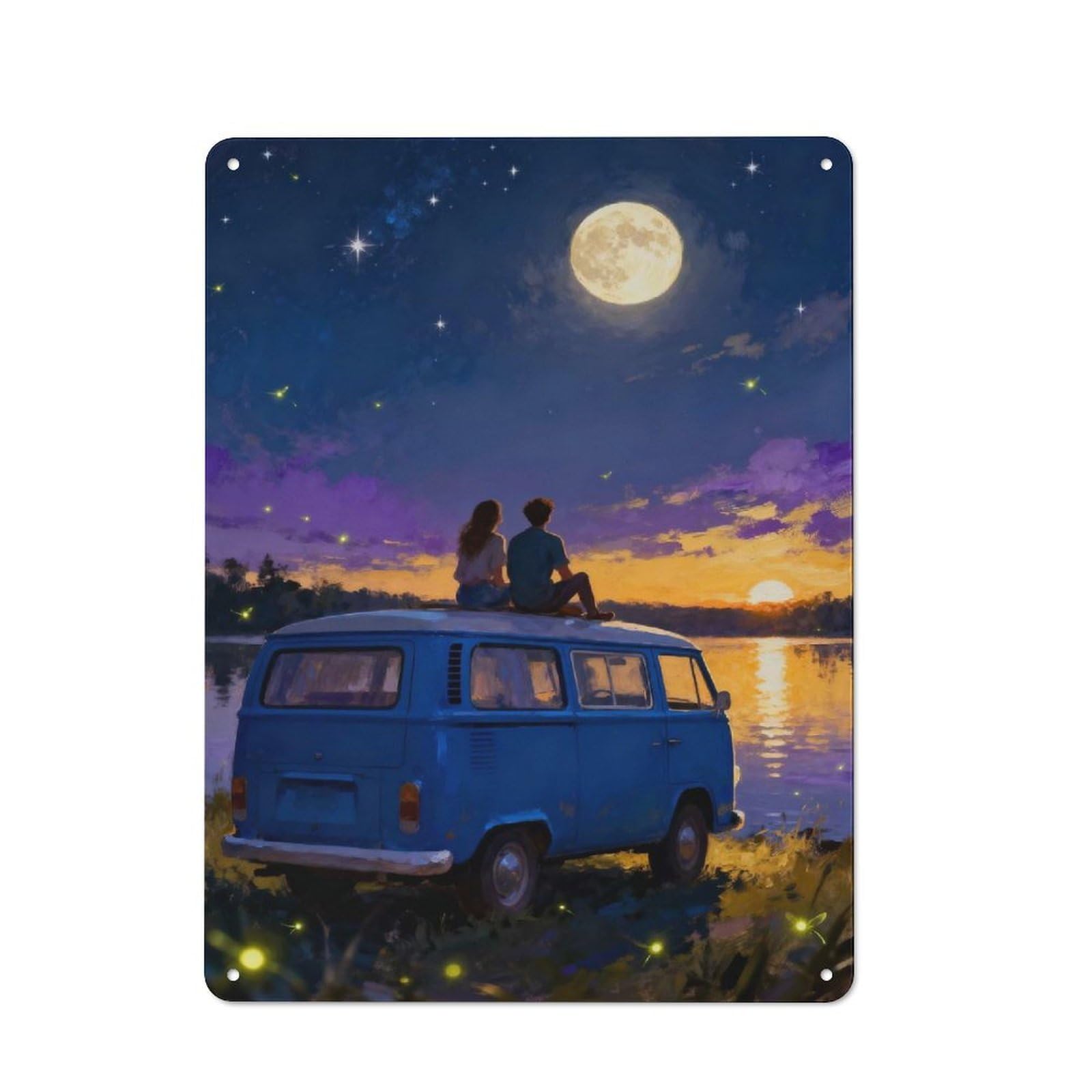 Junmoney Style-2 Old Style Couple On Van Under Moonlight Metal Sign 40X30cm, Bar Wall Plaque For Diner, Restaurant, Shed Or Kitchen