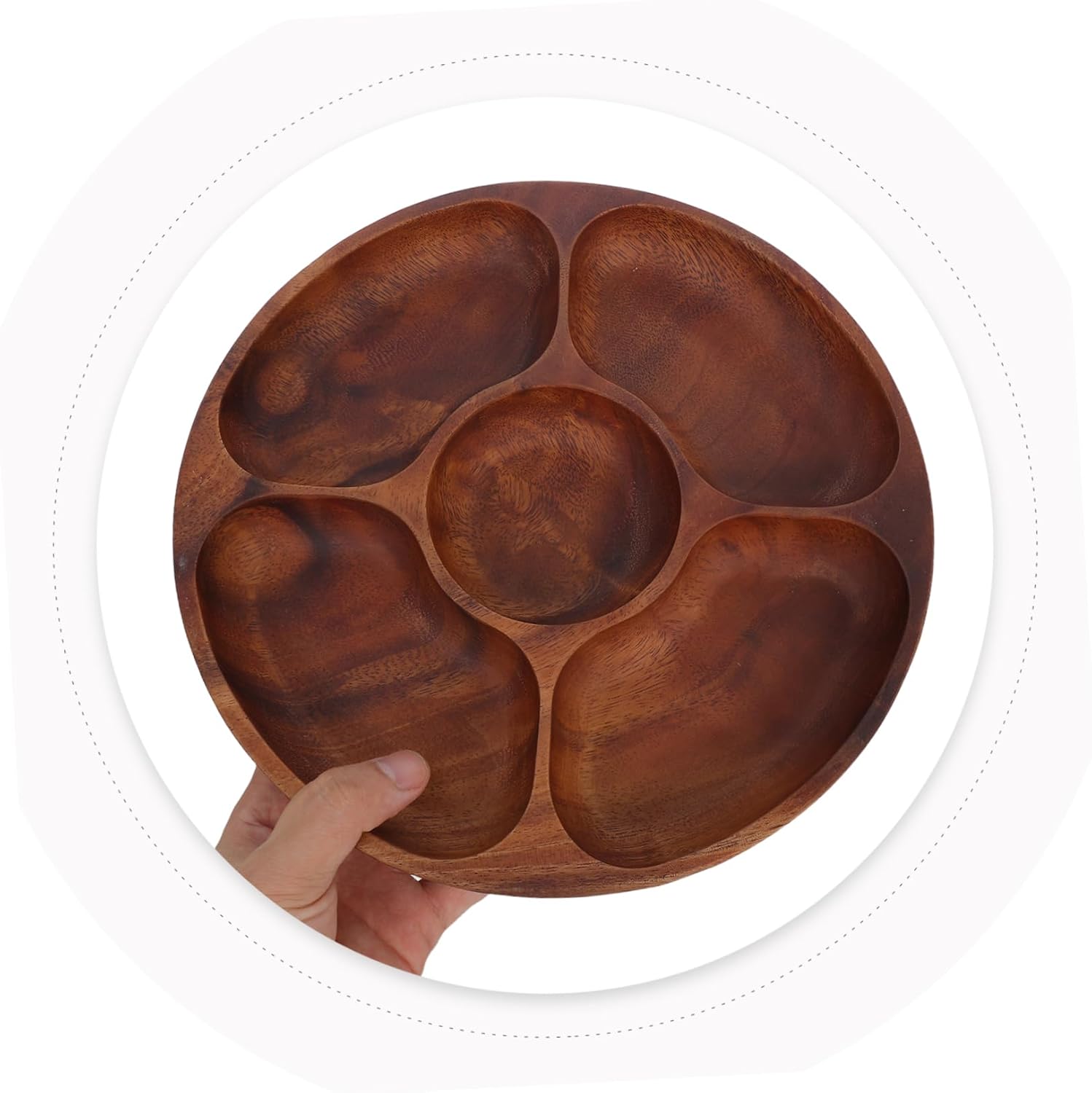 Acacia Wood Divided Snack Tray Compartment Round Platter for Fruits Nuts and Candies Easy to Clean Serving Dish with Natural Grain Patterns Versatile Appetizer Plate for