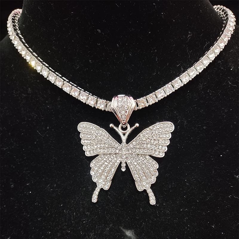 アクセサリー Iced Out Butterfly Tennis Necklace Women Choker Necklace Iced Out CZ Butterfly Tennis Chain