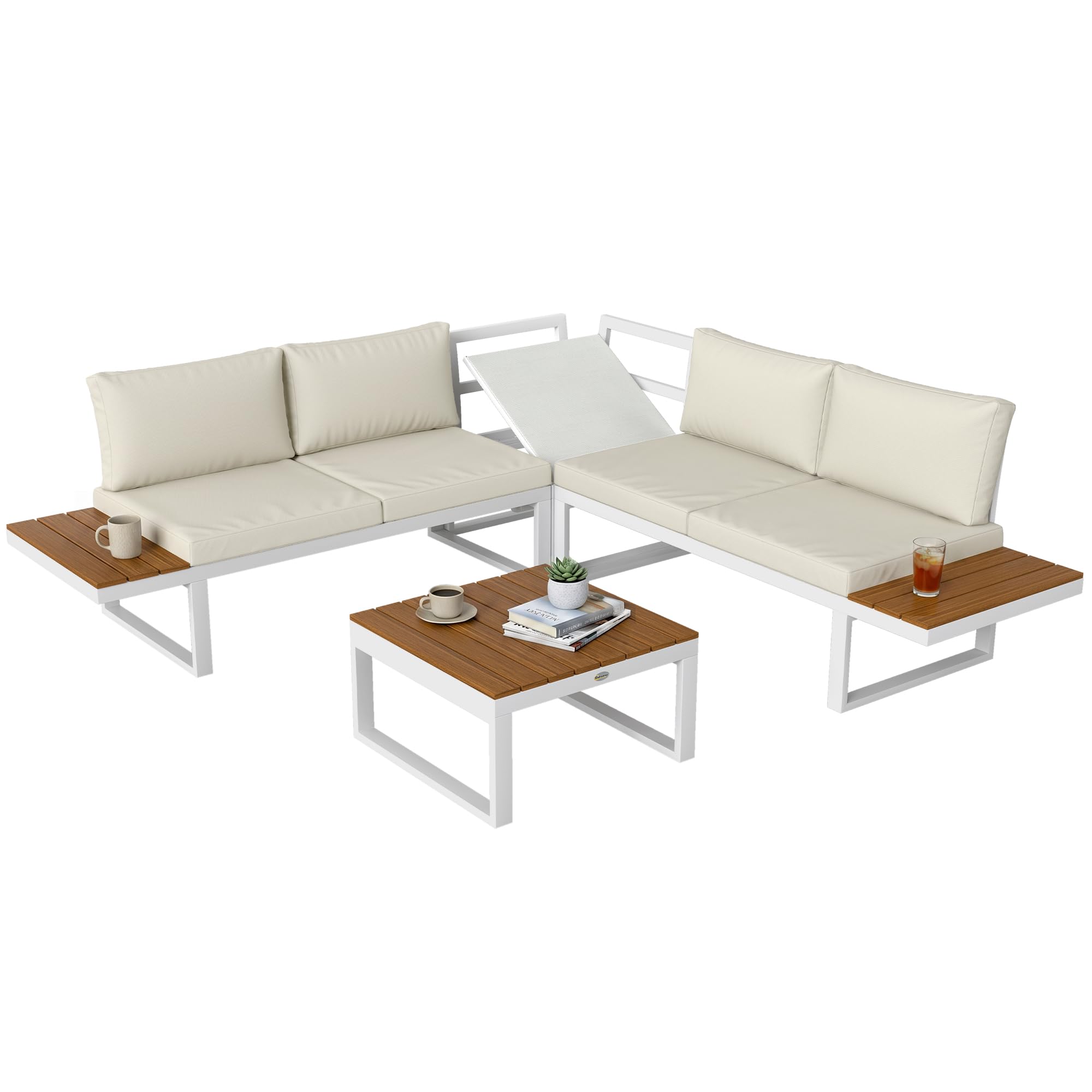 Outsunny Conjunto de Muebles de Jardín Exterior 4 Piezas Juego de Muebles de Terraza Incluye 2 Sofás Dobles 1 Sofá Esquinero Reclinable y Mesa de Centro Mesita Lateral con Cojines para Patio Crema