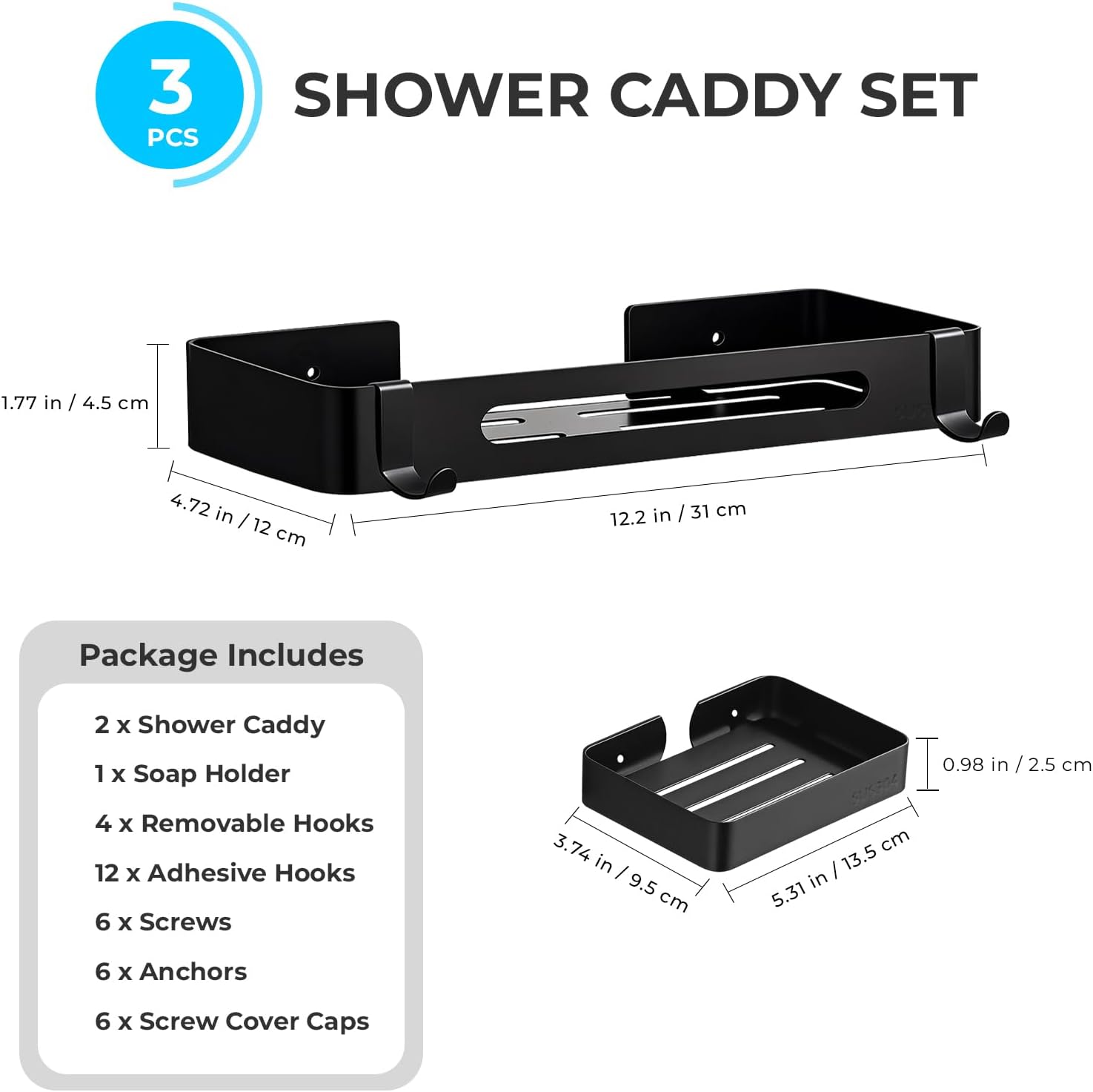 Shower Caddy Adhesive, 3 Pack Rustproof 304 Stainless Steel Bath Organizers, No-Drill Shower Shelves Soap Holder for Bathroom Storage, Black