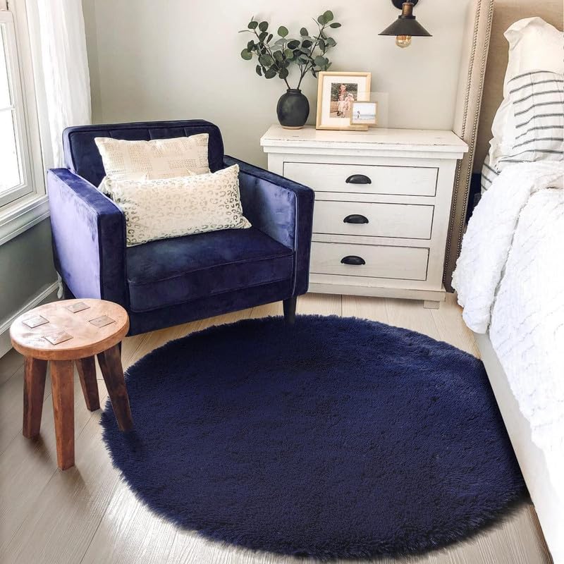 Image of Round Plain Fur Rugs for Hall and Drawing Room 7x7 Feet Modern Home Decor Handwoven Extra Comfy Premium Shag Navy Blue Color