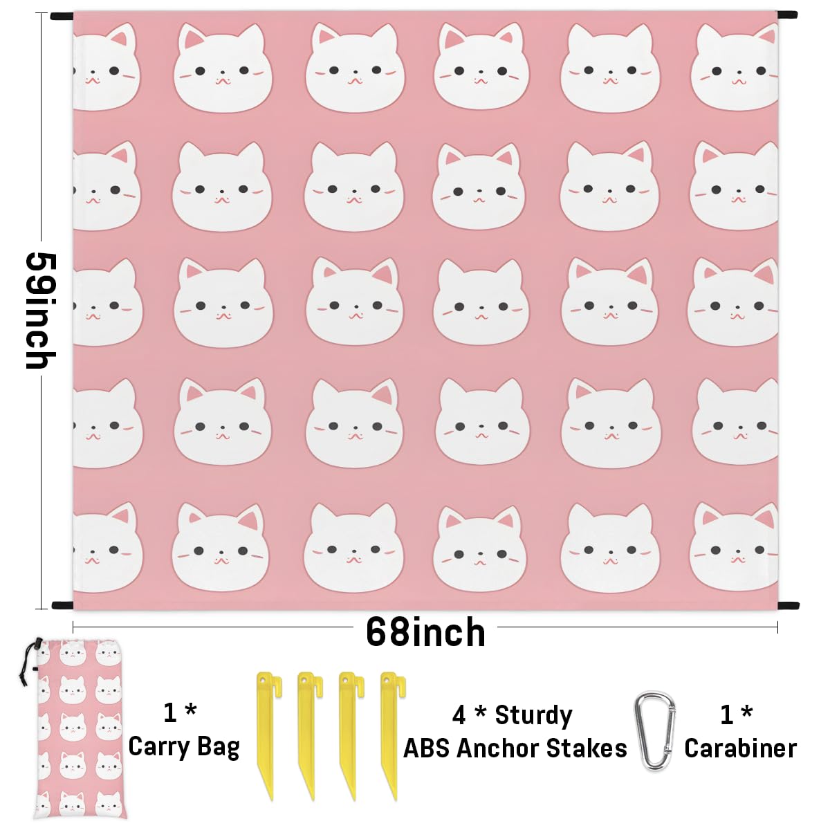 Eabrults Waterproof Sandproof Beach Blanket, 59''×68'' Cats Polyester Outdoor Picnic Blanket with 4 Stakes & Storage Bag for Beach,Camping,Vacation Pink Bottom