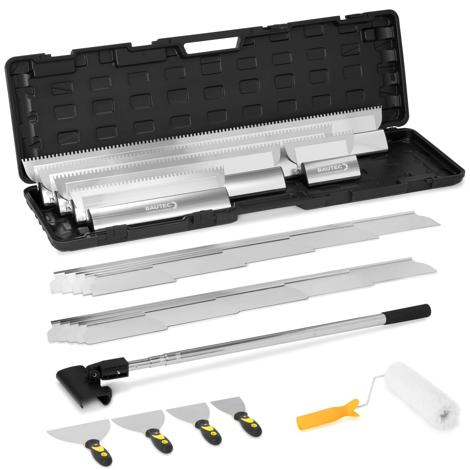 BAUTEC XXL Profi Flächenspachtel-Set » NEU » Trockenbau-Kit » inkl. Roller, Ersatzblätter, Teleskopstil & Transportkoffer