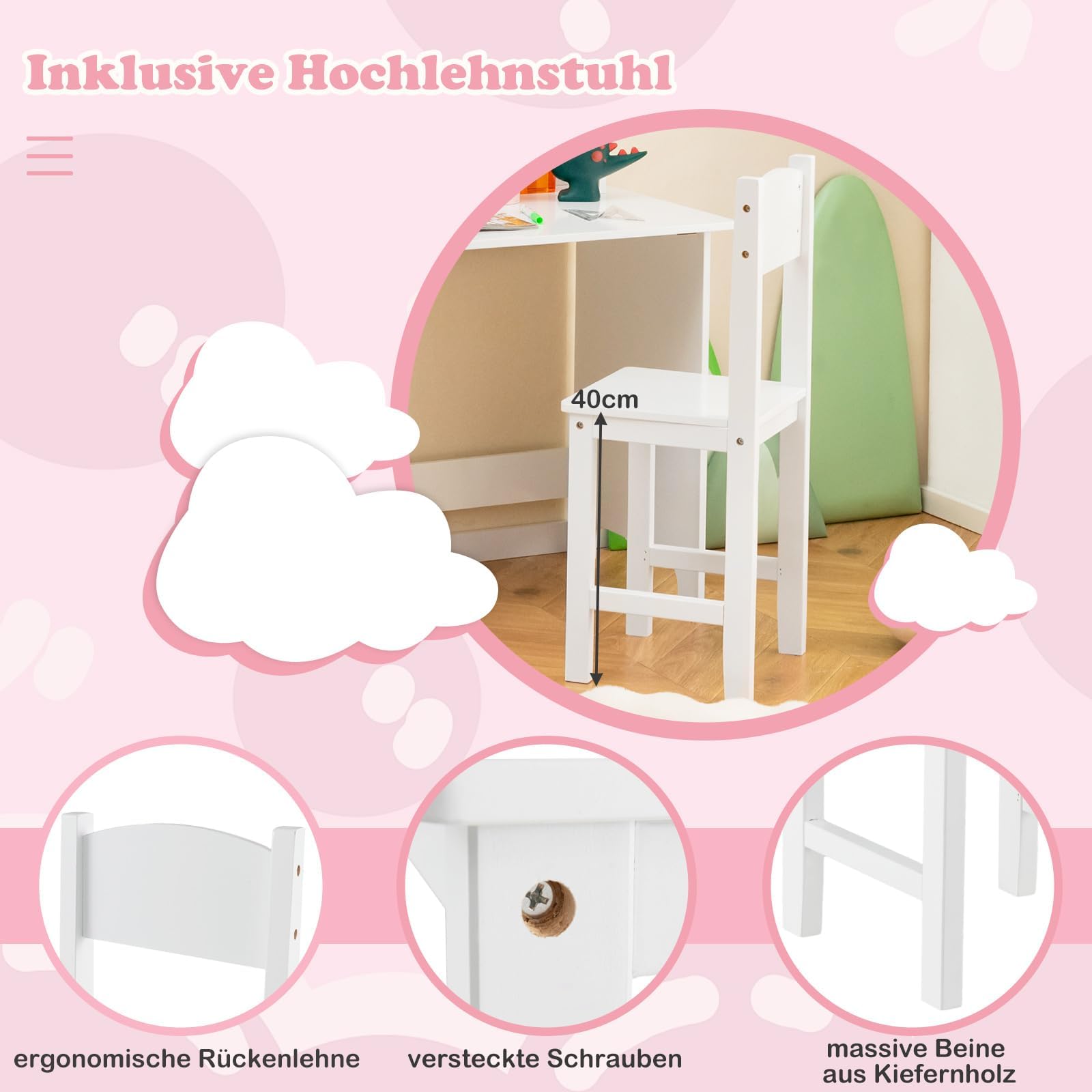 FANTASK Kinderschreibtisch Set, Schreibtisch Kinder mit Stuhl aus Holz, Schülerschreibtisch mit Bücherregal, Schrank & Pinnwand, Jugendschreibtisch für Kinder ab 3 Jahren, Weiß