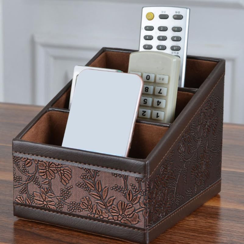 SEWACC Remote Control Holder with 3 Compartments, Retro Pu Leather Desk Desk Organiser Storage Caddy for TV Remote, Media Player, Heater Controls, Office Supplies, Makeup Brushes - Image 2