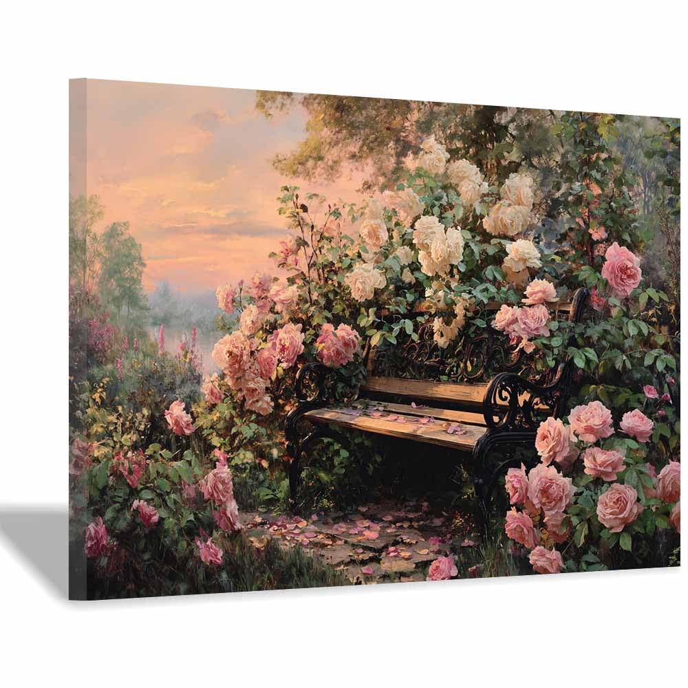 Hoqiu Multicolor Canvas Wall Art Sunset Ros Garden Bench Artwork, Wall Decoration Living Room Bedroom Hallway Stairs Decoration.(Multicolor)-60X80cm Framed