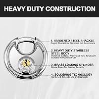 Vista 5 de Vervida® Keyed Padlock Stainless Steel Disc Lock with 3 Keys, 3/8 Inch Shackle 70mm, Heavy Duty Lock Outdoor Waterproof Storage Lock for Warehouse