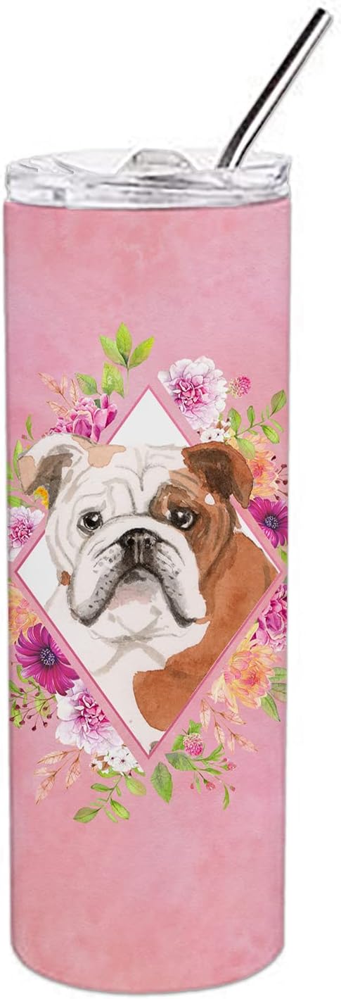 Caroline's Treasures CK4240TBL20 English Bulldog Pink Flowers Stainless Steel 20 oz Skinny Tumbler Vacuum Double Walled Reusable Insulated Tumbler Travel Cup for Coffee Cocktails Gift with Lid, 20 oz