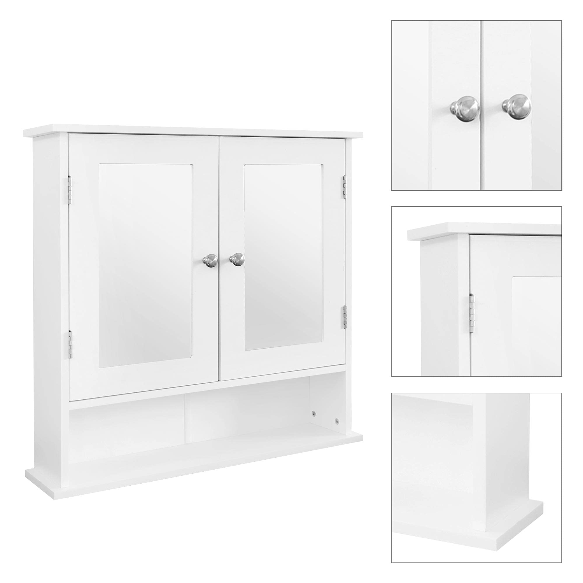 ML-Design Mobiletto Pensile da Bagno Armadietto a Specchio Contenitore con 2 Ante 56x58x13 cm Armadio da Parete Stile Country Shabby Mobile Portaoggetti Multiuso Salvaspazio Arredo in Legno MDF Bianco