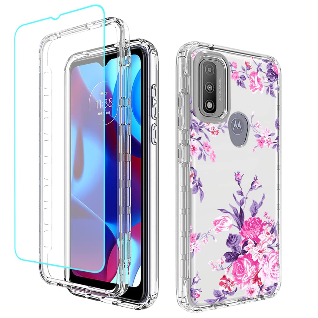 Sidande Case for Moto G Pure 2021 Case with Tempered Glass Screen Protector, Full Body Shockproof Clear Floral Soft Slim Phone Protective Armor Cover
