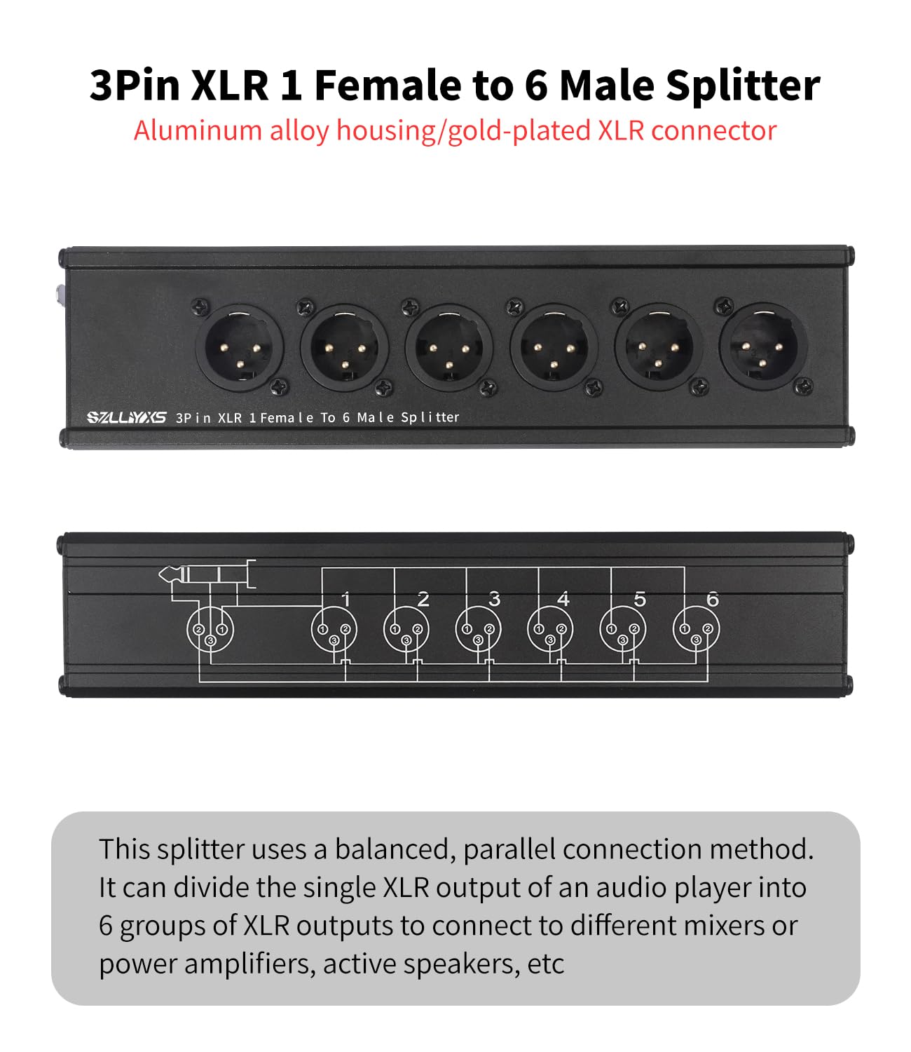 3-poliger XLR 1/4 TRS-Buchse auf 6 XLR-Stecker, 1-in-6-Out-Splitter-Adapter, professioneller symmetrischer paralleler 6-Wege-XLR-Einzeleingang auf sechs Ausgänge, Adapter für Mixer, Mikrofon