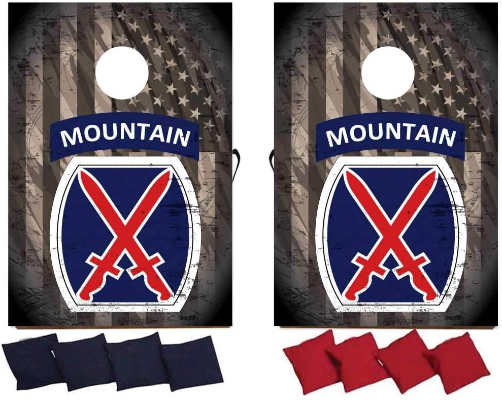 VictoryStore Cornhole Games - 10th Mountain Division Cornhole Game - Military Bag Toss Game - 8 Bags Included - Wooden Boards - Made in The USA